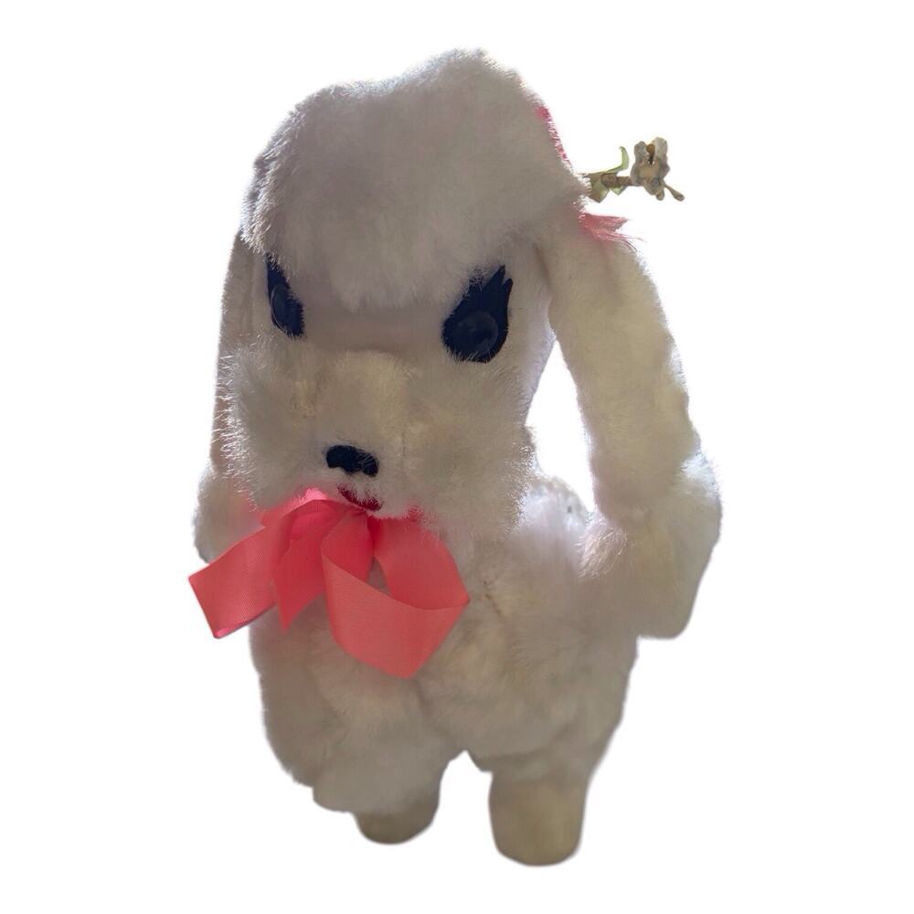 Rushton White Pink Ribbon Poodle Vintage 12” Stuffed Plush Retro 1960’s